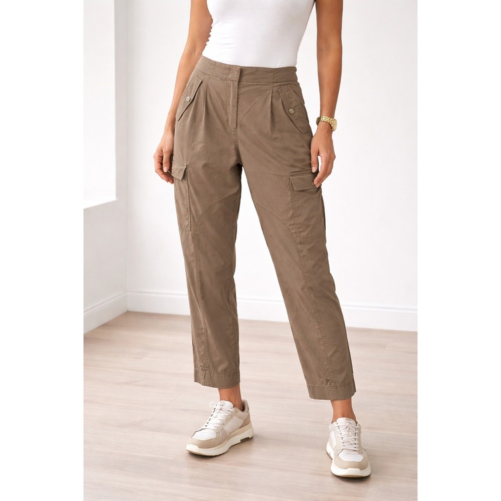 ME+EM Women's Khaki Brown Lyocell Cotton Pleated Cargo Pants Casual Utiliy 8